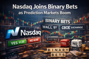 Nasdaq joins binary bets as prediction markets boom, featuring stock charts, Wall Street sign, Cboe Exchange board, and YES/NO dice on trading screen background.