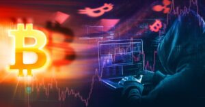 Illustration showing cryptocurrency scams with hacker stealing Bitcoin from digital wallets